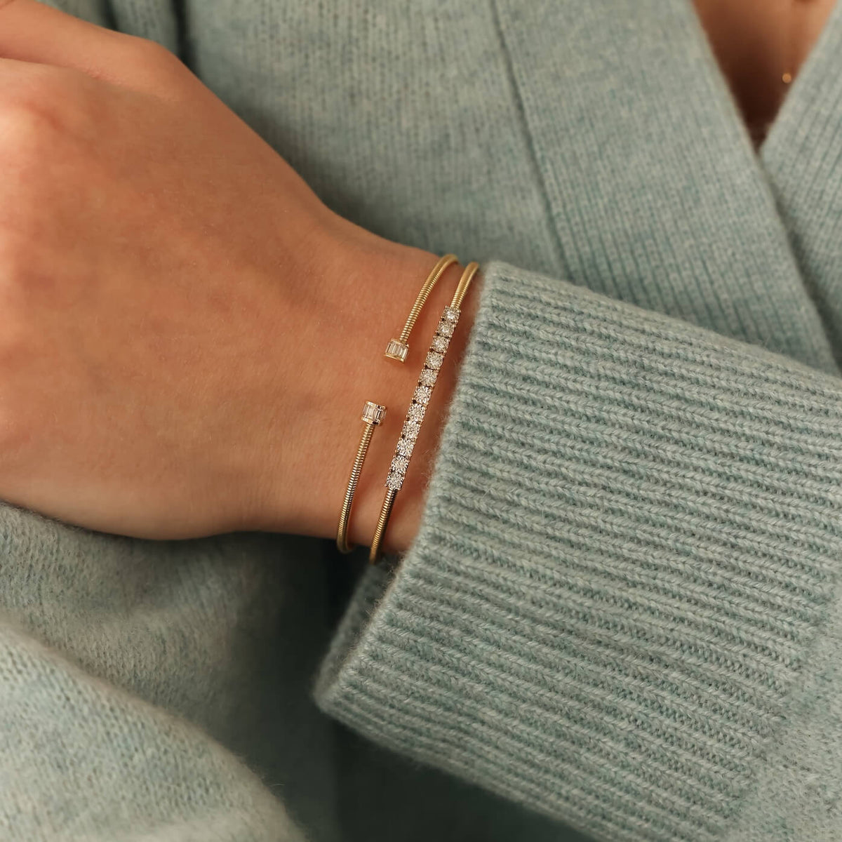 White Gold-2^Diamond Cuff Bracelets: Sadie Pearl Channel Set Baguette Flexi Cuff in White Gold