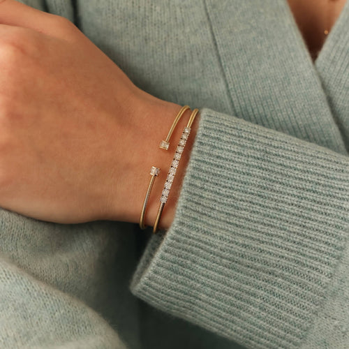 Yellow Gold-2^Diamond Cuff Bracelets: Sadie Pearl Channel Set Baguette Flexi Cuff in Yellow Gold