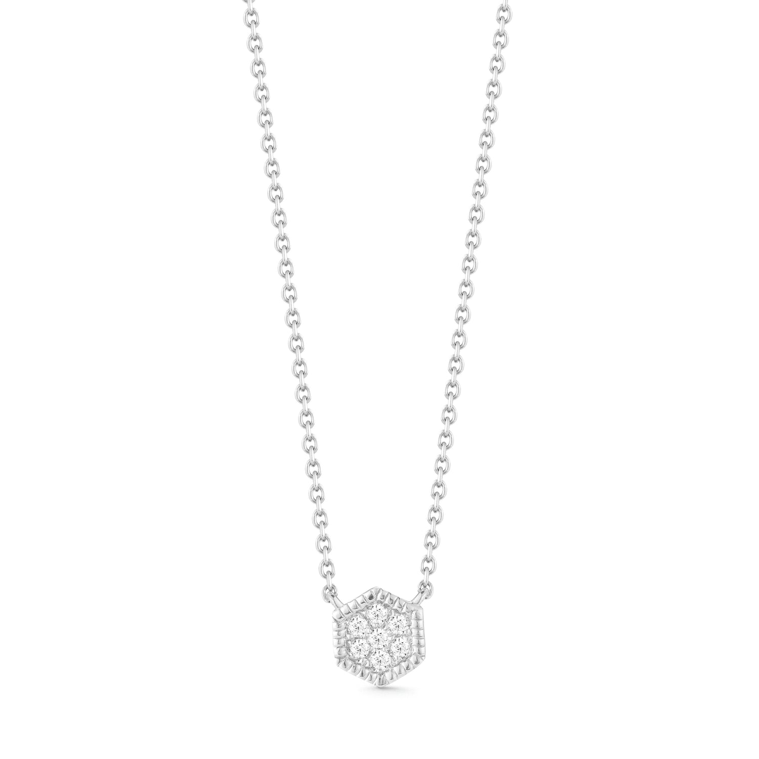 Whiite Gold-1^Diamond Pendant Necklaces: Jennifer Yamina Mini Hexagon Necklace in White Gold