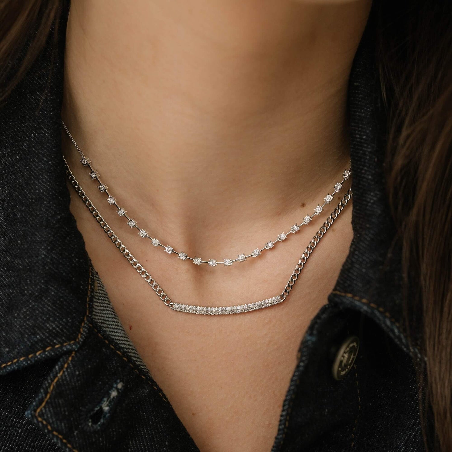 White Gold-3^Designer Diamond Necklaces: Sylvie Rose Cuban Chain Long Bar Necklace in White Gold