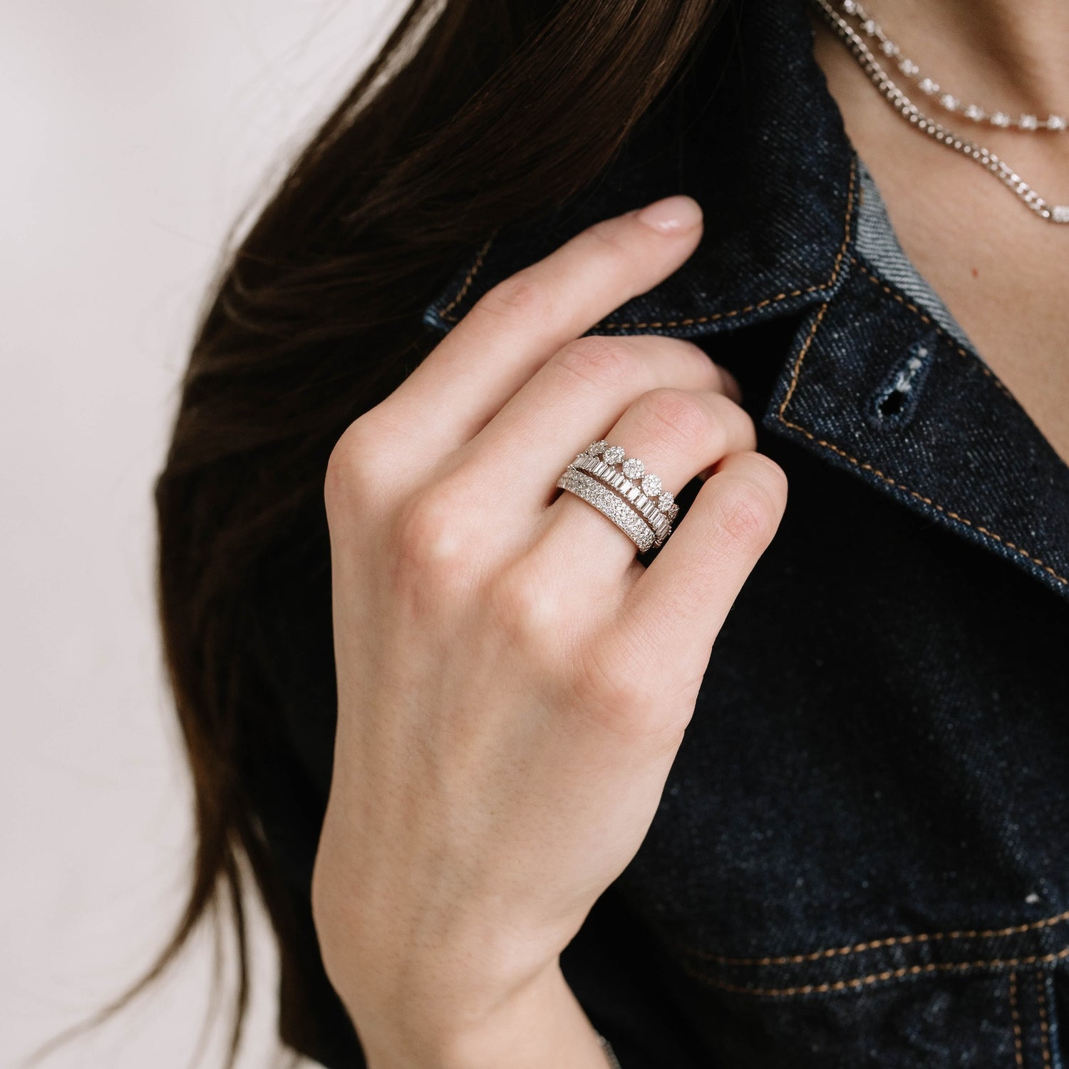 White Gold-3^Diamond Stacking Rings: Sylvie Rose Large Pavé Ring in White Gold