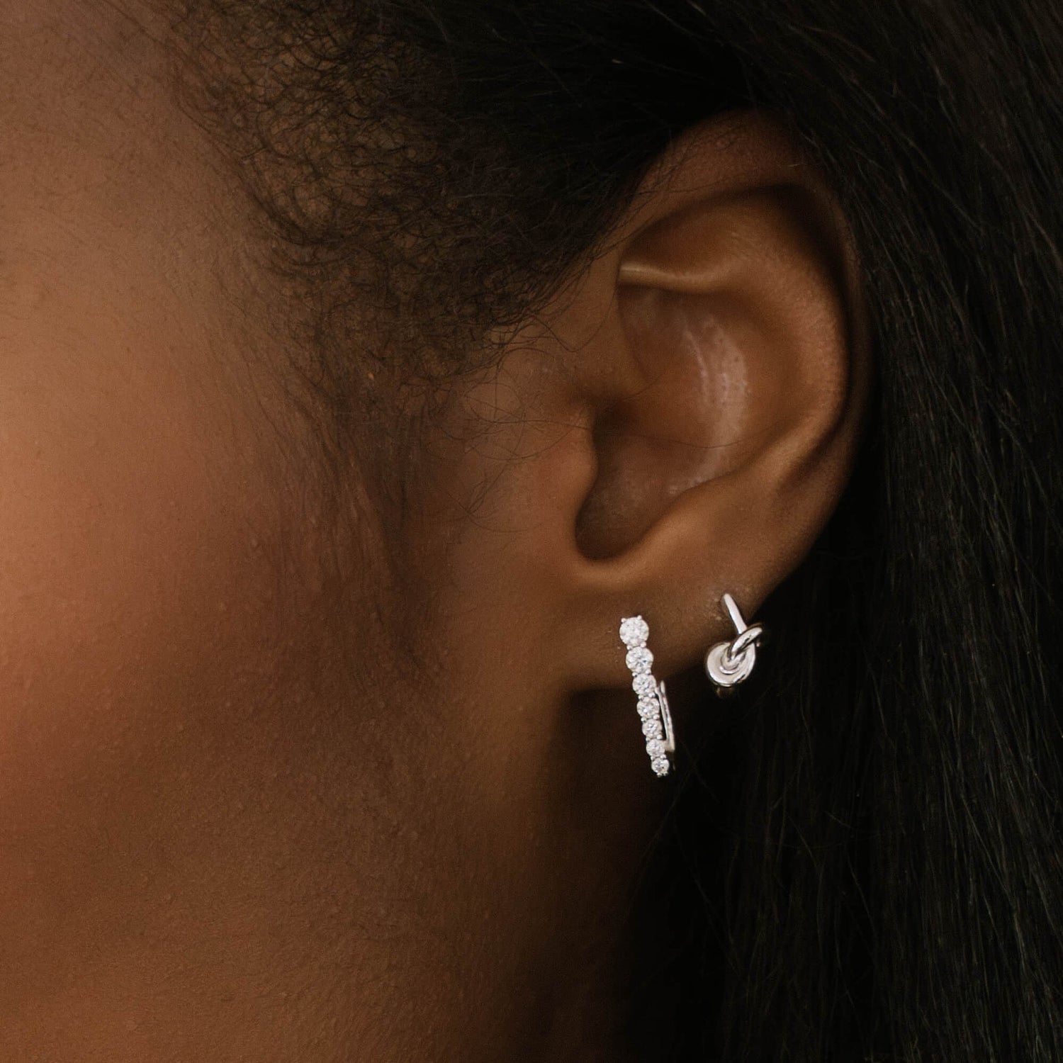 White Gold-3^Huggie Earrings: Nana Bernice Knot Huggies in White Gold