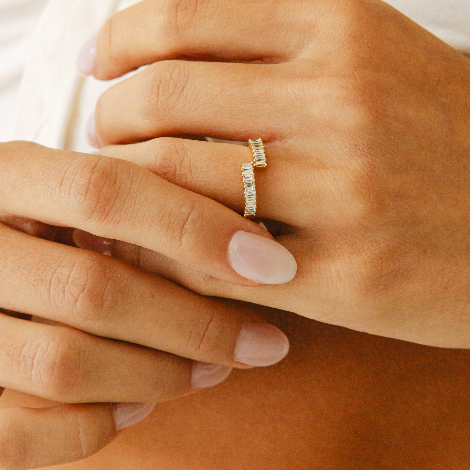 Yellow Gold-4^Designer Diamond Rings: Sadie Pearl Baguette Diamond Split Ring in Yellow Gold