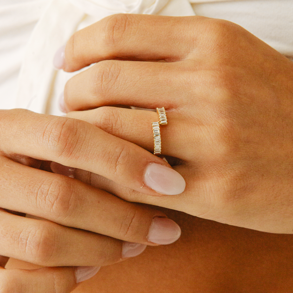 Yellow Gold-4^Designer Diamond Rings: Sadie Pearl Baguette Diamond Split Ring in Yellow Gold