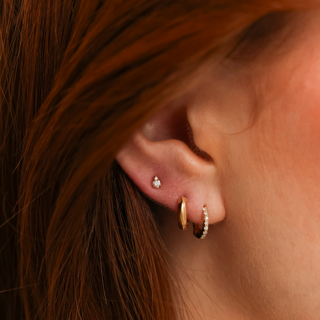 Yellow Gold-2^Diamond Huggie Earrings: DRD Single Mini Huggie in Yellow Gold Thumbnail-only