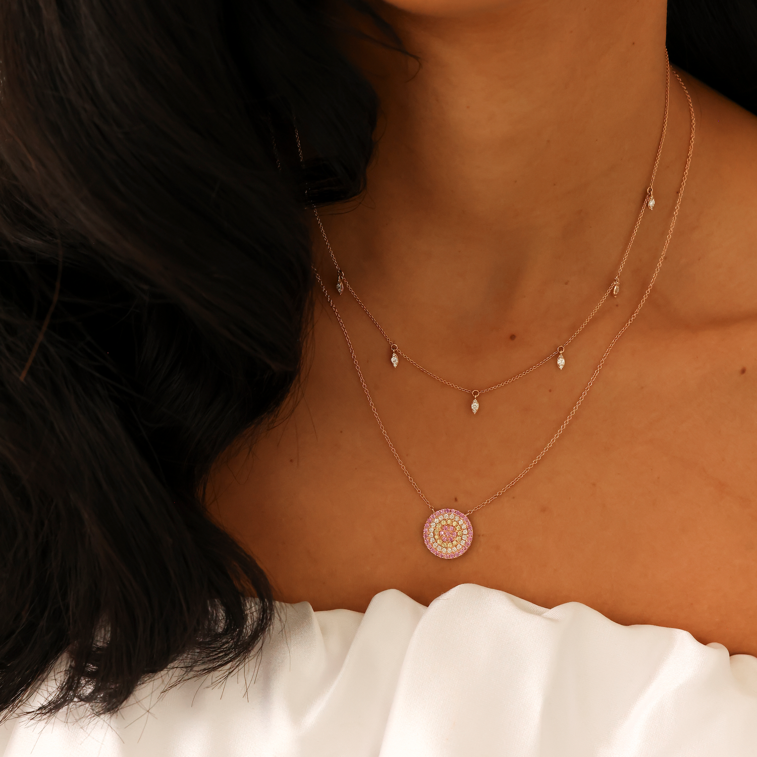 Rose Gold,Light Pink Sapphire^2 Evil Eye Gold Necklaces: Carly Michelle Evil Eye Diamond and Light Pink Sapphire Necklace in Rose Gold