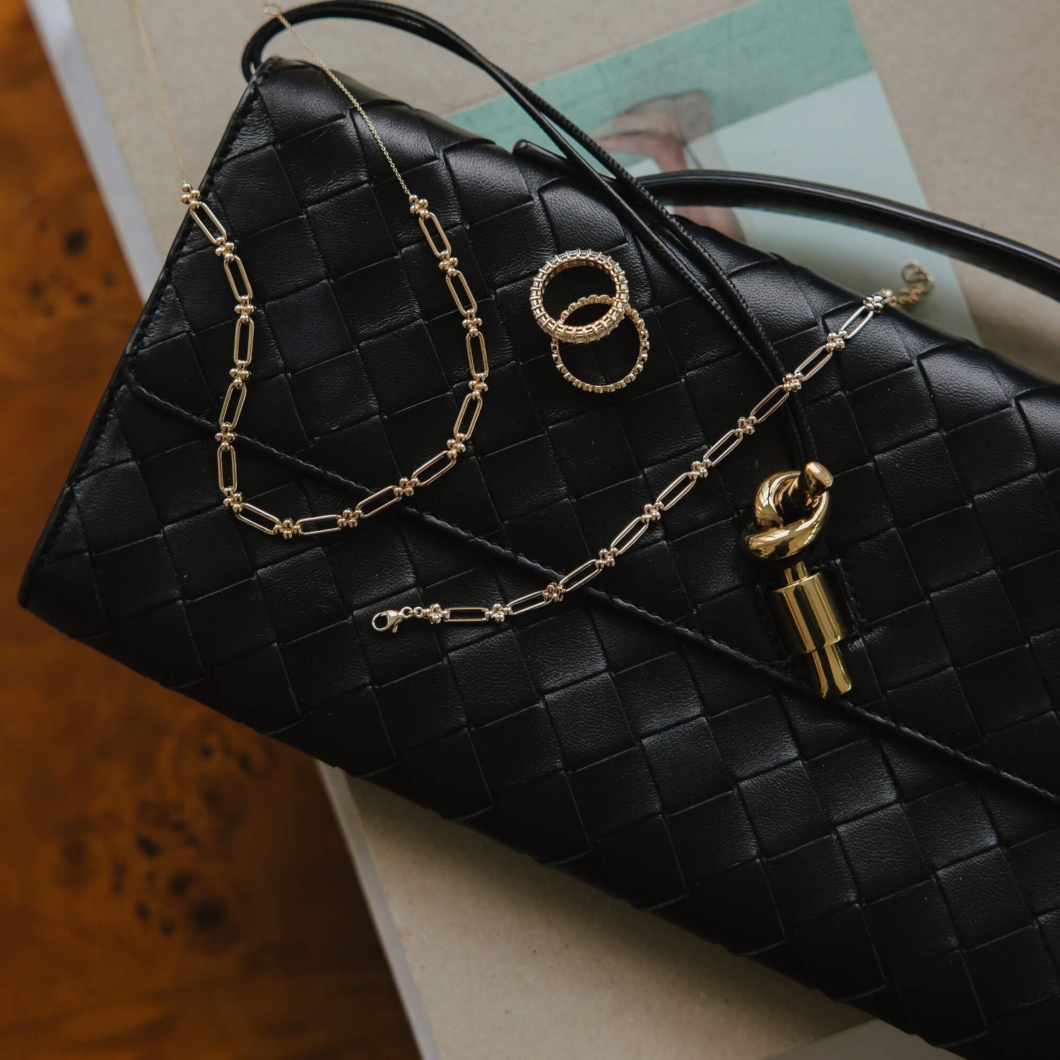 Yellow Gold^4-Gold Designer Bracelets: Poppy Rae Pebbled Link Bracelet in Yellow Gold