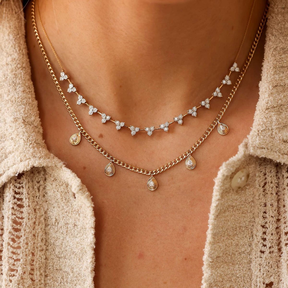 Yellow Gold-3^Diamond Station Necklaces: Nana Bernice Cuban Chain Station Necklace in Yellow Gold