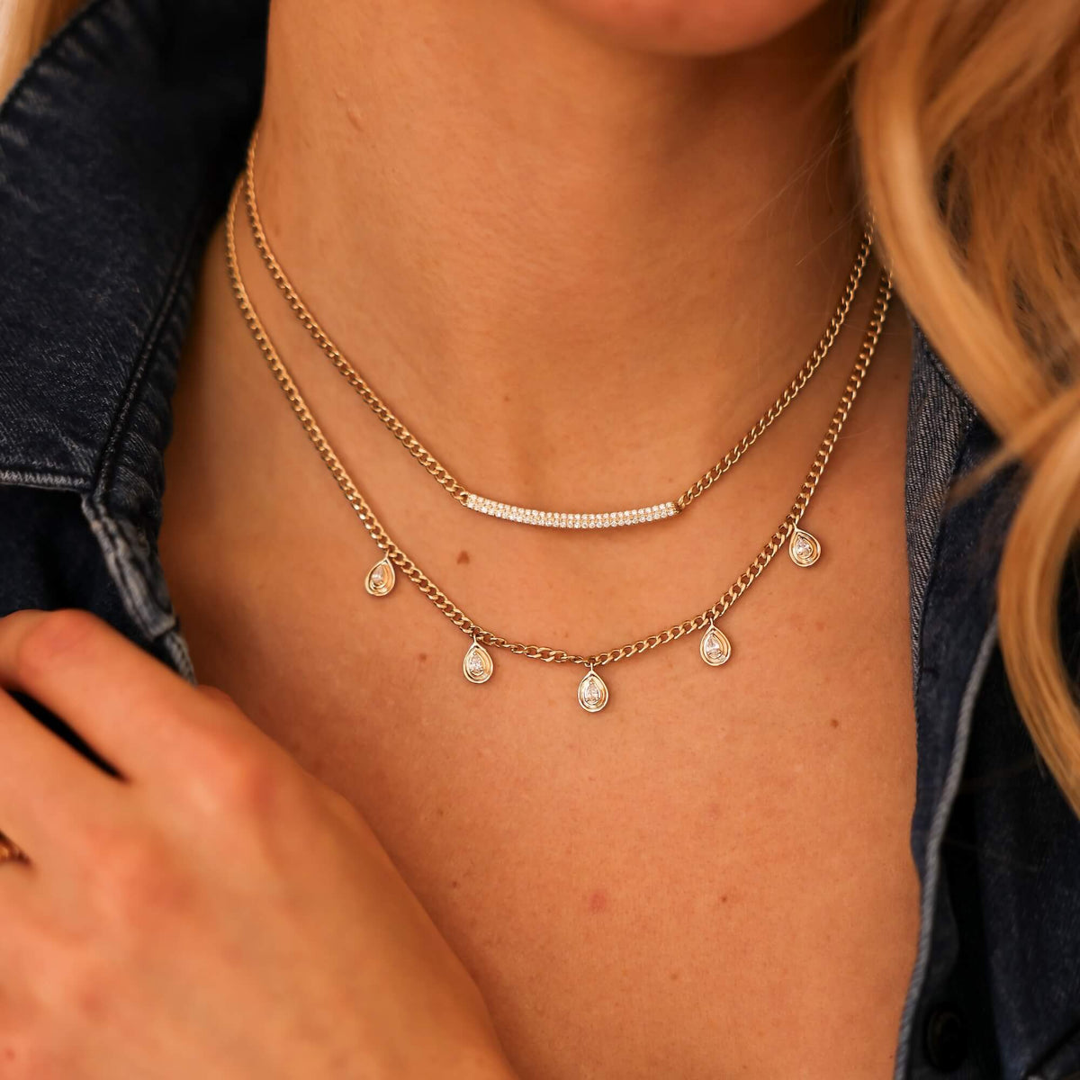 Yellow Gold-2^Diamond Station Necklaces: Nana Bernice Cuban Chain Station Necklace in Yellow Gold