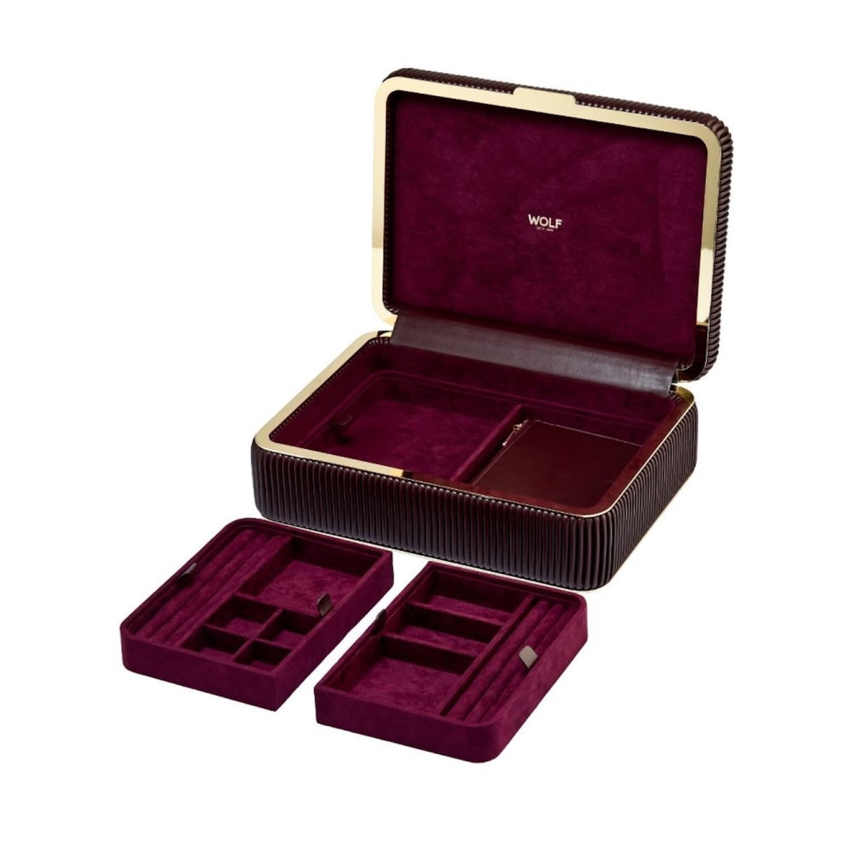 Wolf jewelry box with open lid and compartments on a white background