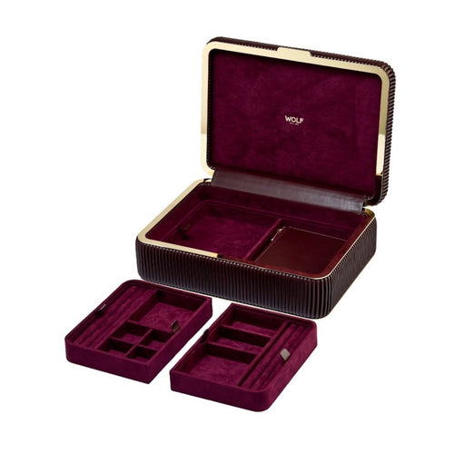 Wolf jewelry box with open lid and compartments on a white background