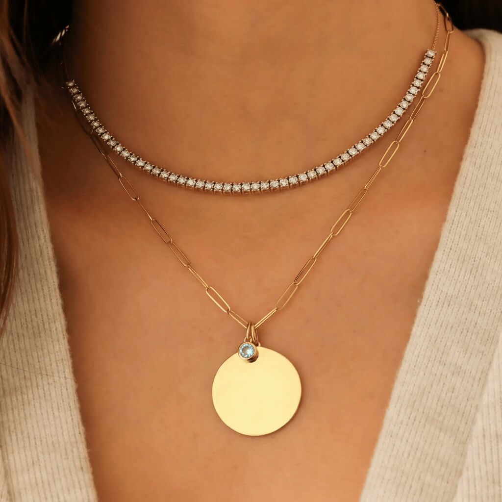 Yellow Gold-2^Designer Diamond Necklaces: DRD Birthstone Charm in Yellow Gold. March