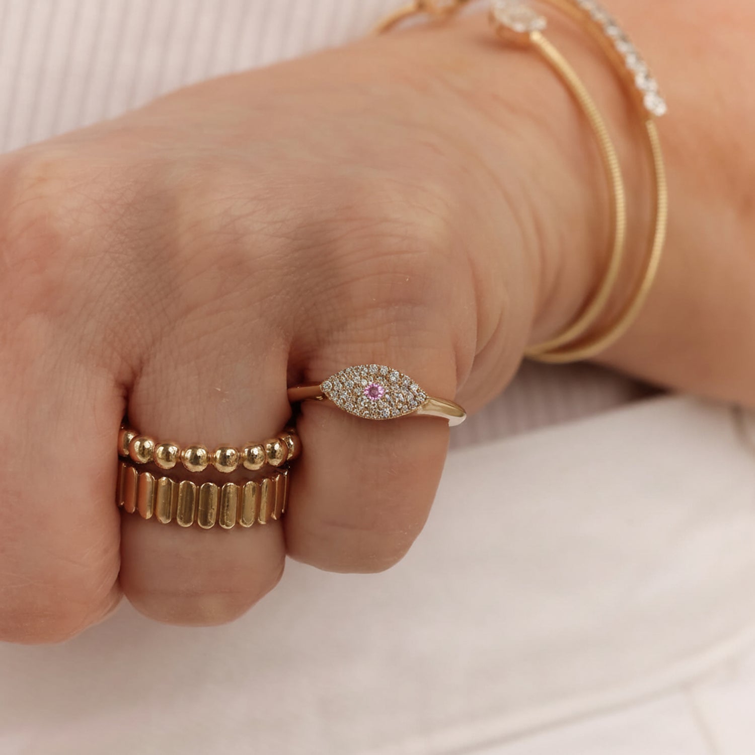 Yellow Gold-2^Diamond Signet Rings:  Carly Michelle Pink Sapphire Evil Eye Signet Ring in Yellow Gold