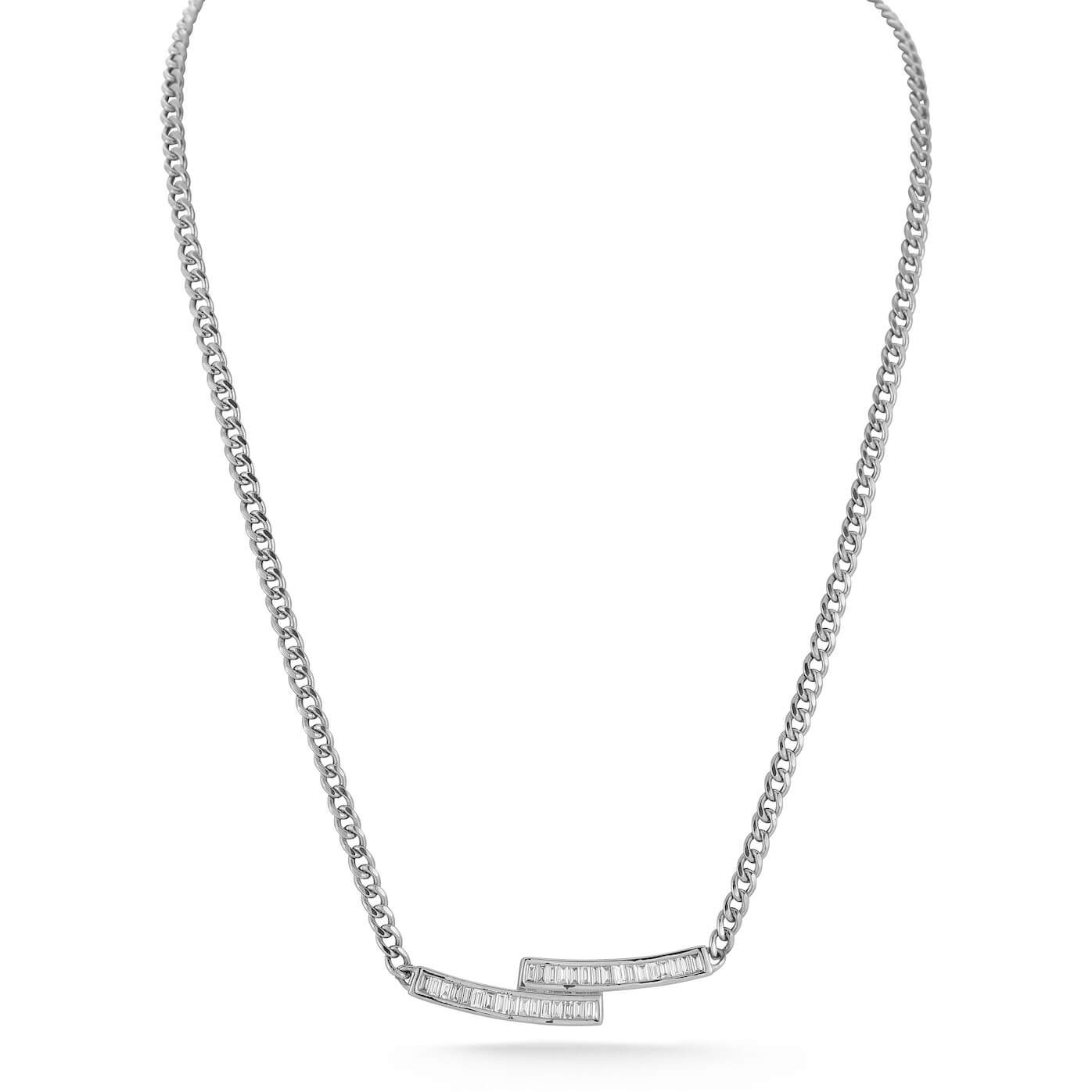 White Gold-1^Diamond Bar Necklaces: Sadie Pearl Bybass Cuban Chain Bar Necklace in White Gold