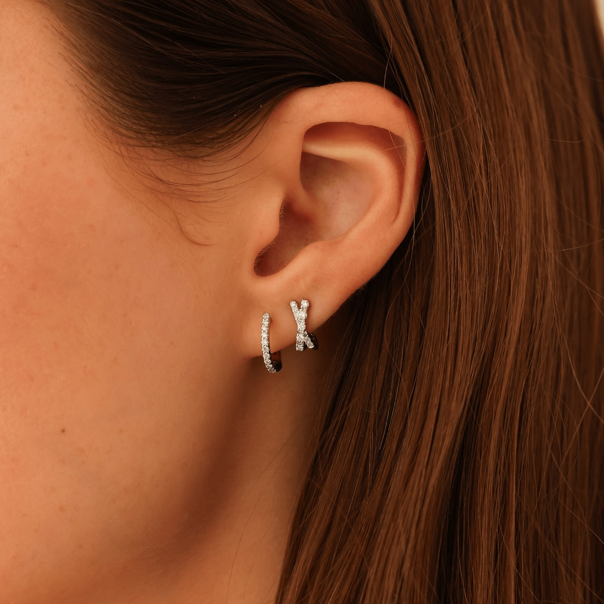 White Gold-2^Diamond Huggie Earrings: Ava Bea Crossover Mini Huggies in White Gold
