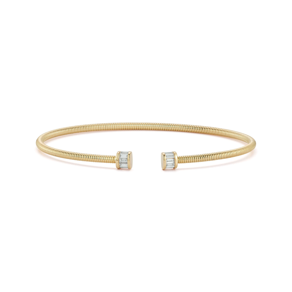 Yellow Gold-1^Diamond Cuff Bracelets: Sadie Pearl Channel Set Baguette Flexi Cuff in Yellow Gold