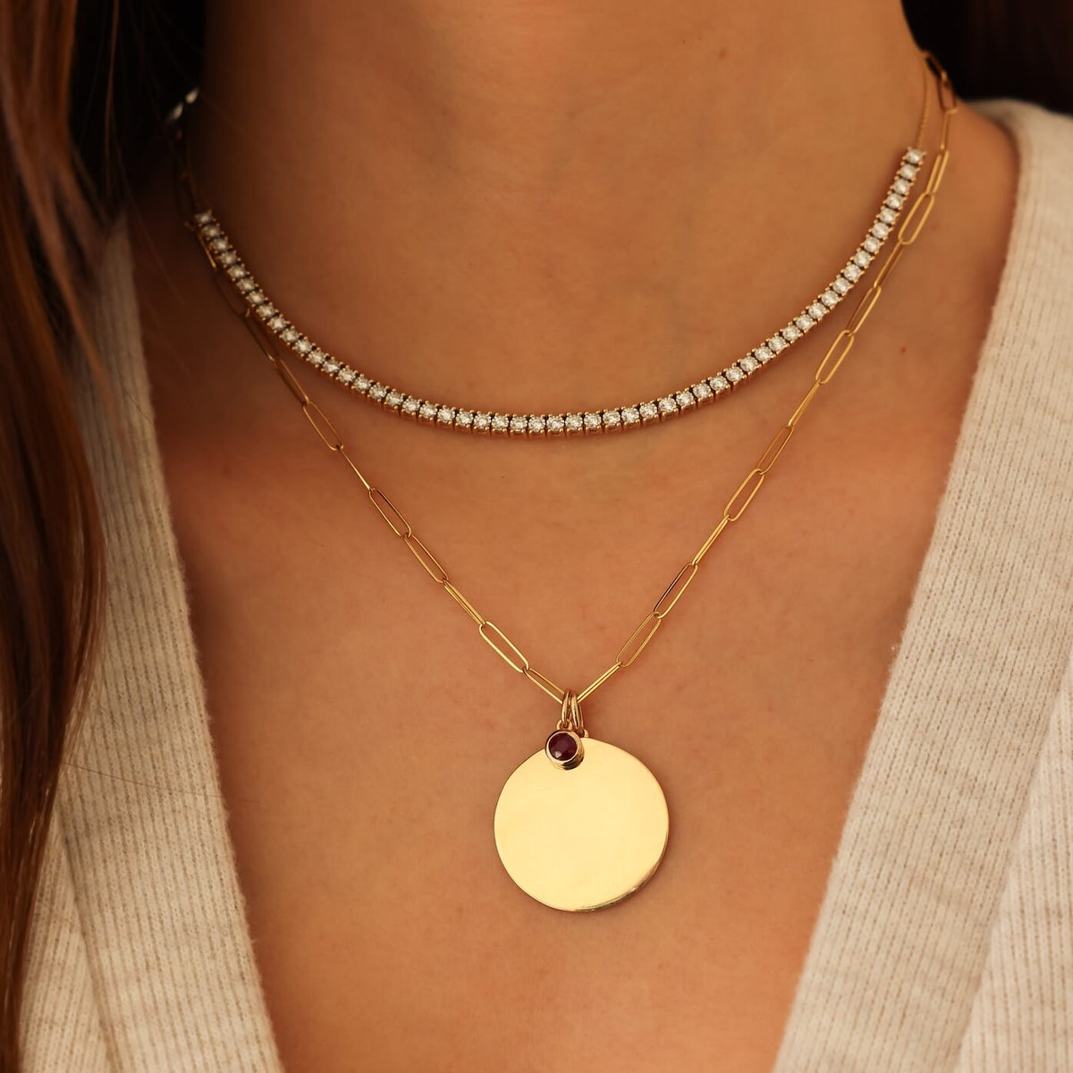 Yellow Gold-2^Designer Gold Necklaces: DRD Paperclip Disc Charm Necklace in Yellow Gold