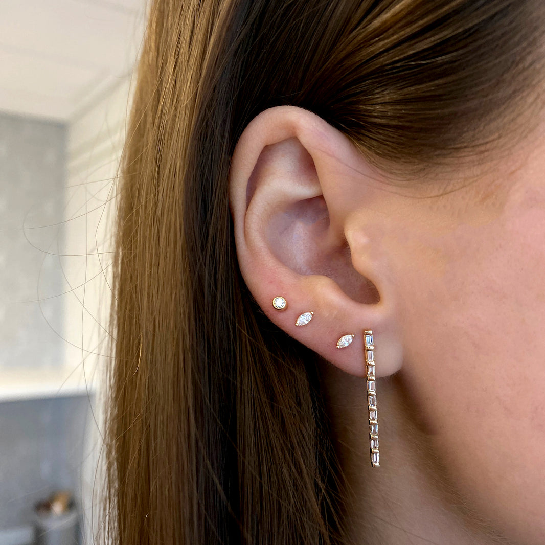 Yellow Gold-2^Diamond Drop Earrings: Sadie Pearl Baguette Vertical Bar Drop Earrings in Yellow Gold