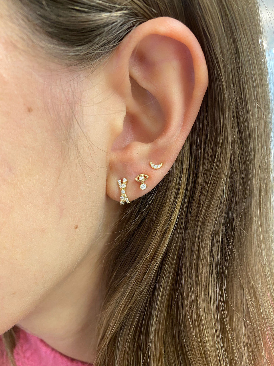 Yellow Gold-2^Designer Stud Earrings: Lulu Jack Stacked Evil Eye Studs in Yellow Gold