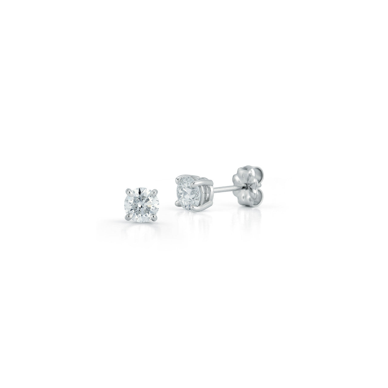 White Gold-1^Diamond Stud Earrings - DRD Diamond Solitaire Studs 0.80 Ct. Total Weight in White Gold. Four Prong Setting